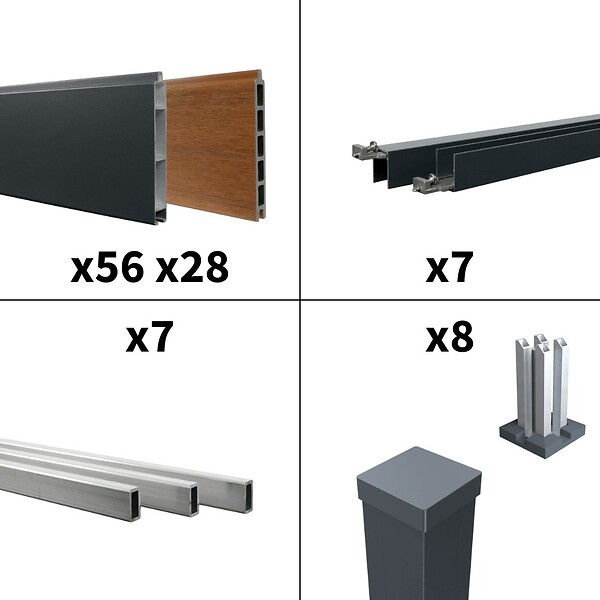 DECKLINEA - Kit Clôture Aluminium BAHIA & CRUZ Teck 12,85x1,8m - Aluminium et bois composite - Poteaux sur Platines gris - Brise vue - Palissade - large