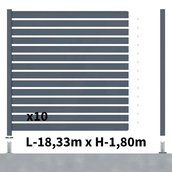 DECKLINEA - Kit Clôture Ajourée Aluminium OLINDA Anthracite 18,33x1,8m Poteaux sur Platines - Dimension des Lames : 21x100x1780 mm - Brise vue - Palissade - large