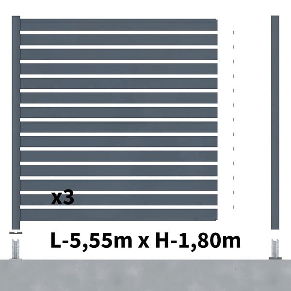 DECKLINEA - Kit Clôture Ajourée Aluminium OLINDA Anthracite 5,5x1,8m Poteaux sur Platines - Dimension des Lames : 21x100x1780 mm - Brise vue - Palissade - large