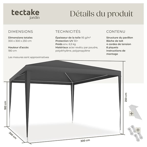 TECTAKE - Pavillon FARAH imperméable avec système enfichable 3x3m gris - large