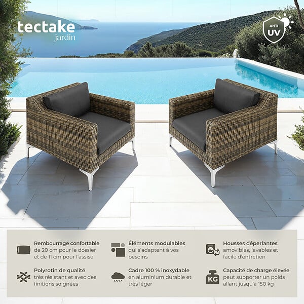 TECTAKE - Ensemble modulaire en rotin Villanova Aluminium, ensemble de 5 canapés 2 places gris anthracite chiné - large