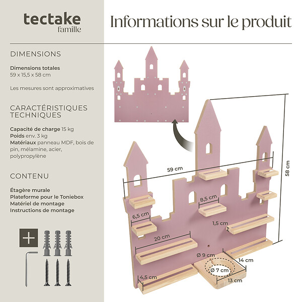TECTAKE - Étagère murale MyLittleStory Princess Castle, jusqu'à 22 Tonies rose - large
