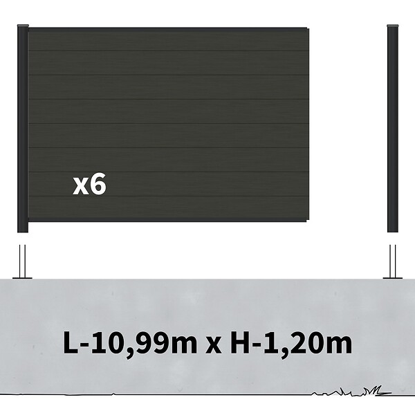 DECKLINEA - Kit Clôture Composite sur Muret RIO Anthracite 11x1,2m - Bois composite & Aluminium - Poteaux sur Platines Noir - Brise vue - large