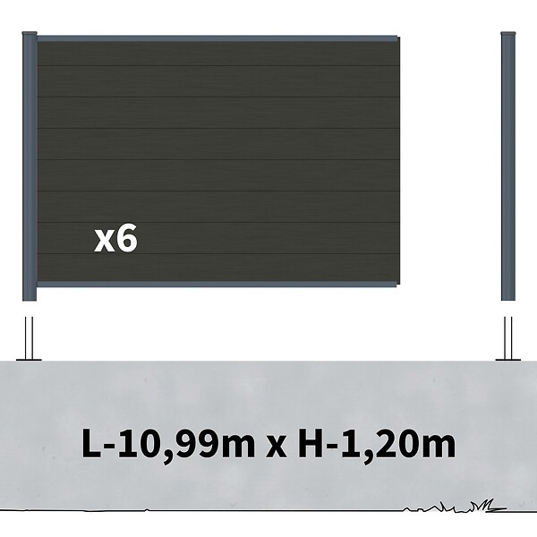DECKLINEA - Kit Clôture Composite sur Muret RIO Anthracite 11x1,2m - Bois composite & Aluminium - Poteaux sur Platines Gris - Brise vue - large