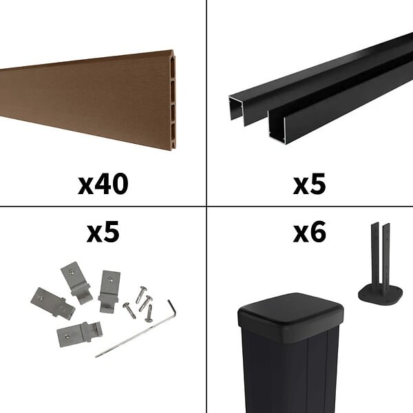 DECKLINEA - Kit Clôture Composite sur Muret RIO Bronze 9x1,2m - Bois composite & Aluminium - Poteaux sur Platines Noir - Brise vue - large