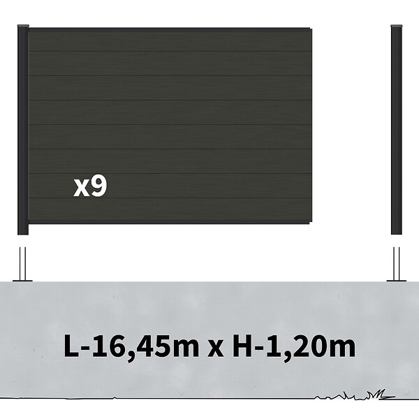 DECKLINEA - Kit Clôture Composite sur Muret RIO Anthracite 16,5x1,2m - Bois composite & Aluminium - Poteaux sur Platines Noir - Brise vue - large