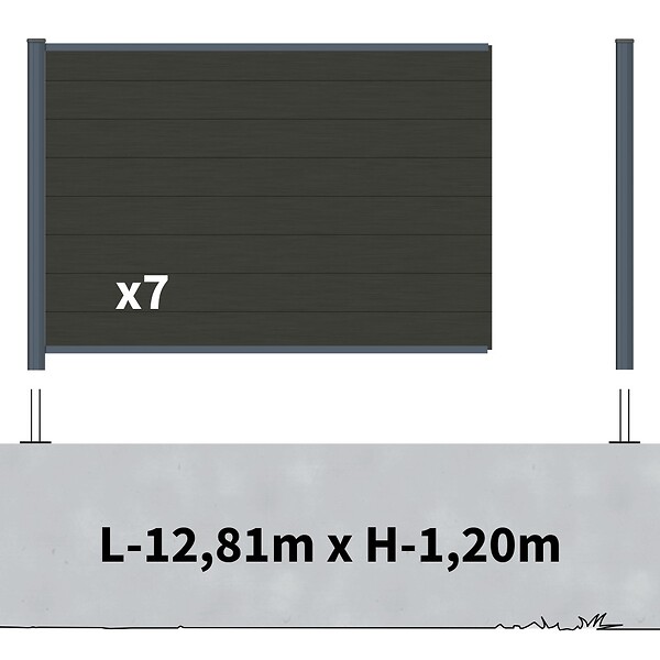 DECKLINEA - Kit Clôture Composite sur Muret RIO Anthracite 13x1,2m - Bois composite & Aluminium - Poteaux sur Platines Gris - Brise vue - large
