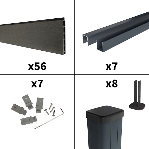 DECKLINEA - Kit Clôture Composite sur Muret RIO Anthracite 13x1,2m - Bois composite & Aluminium - Poteaux sur Platines Gris - Brise vue - large