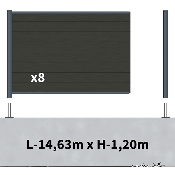 DECKLINEA - Kit Clôture Composite sur Muret RIO Anthracite 14,5x1,2m - Bois composite & Aluminium - Poteaux sur Platines Gris - Brise vue - large