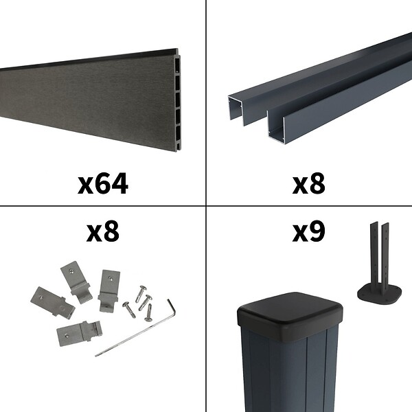 DECKLINEA - Kit Clôture Composite sur Muret RIO Anthracite 14,5x1,2m - Bois composite & Aluminium - Poteaux sur Platines Gris - Brise vue - large