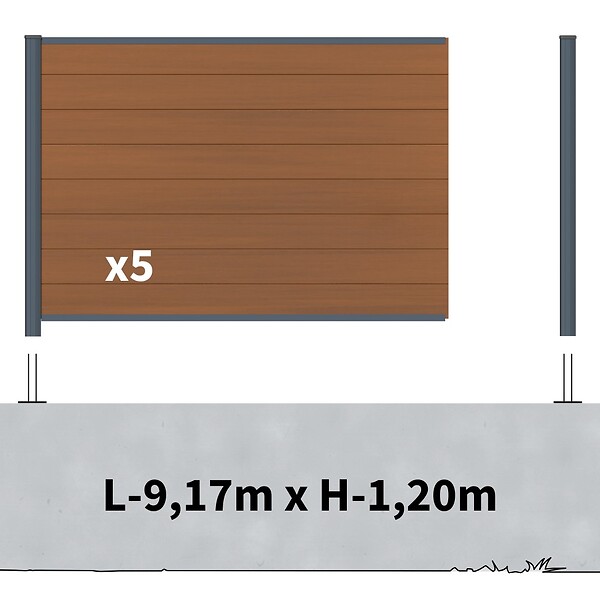 DECKLINEA - Kit Clôture Composite sur Muret CRUZ Teck 9x1,2m - Bois composite & Aluminium - Poteaux sur Platines Gris - Brise vue - large