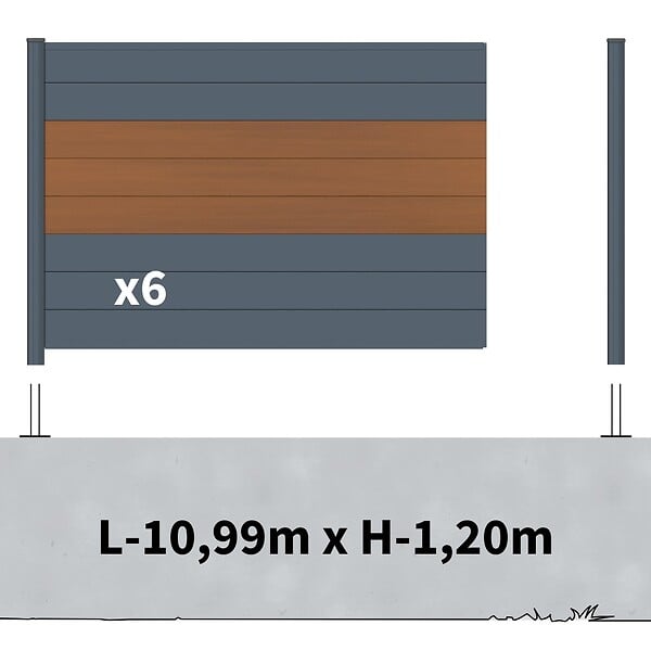 DECKLINEA - Kit Clôture Aluminium BAHIA & CRUZ Teck 11,03x1,2m - Bois Composite & Aluminium - Poteaux Gris - Brise Vue - Palissade - large