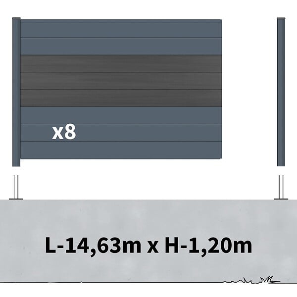 DECKLINEA - Kit Clôture Aluminium BAHIA & CRUZ Ardoise 14,68x1,2m - Bois Composite & Aluminium - Poteaux Gris - Brise Vue - Palissade - large