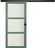 GD MENUISERIES - Porte Coulissante Vert Sauge RAL 6021 Vitrée H204 x L83 cm, Rail Alu Bandeau Noir, coquilles Noir - vignette