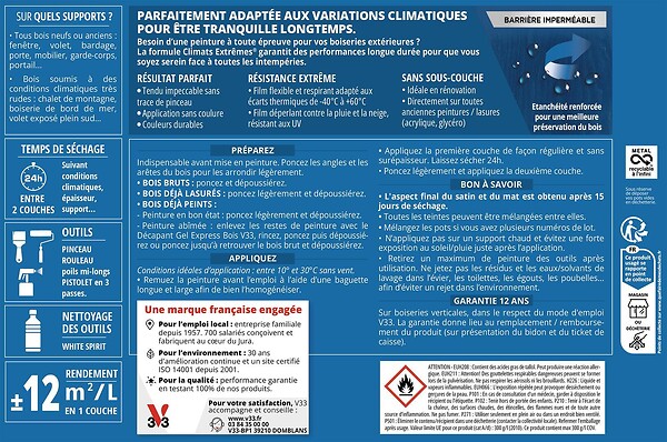 V33 PEINTURE - Peinture bois Climats extremes - Blanc - Mat - 2L - large