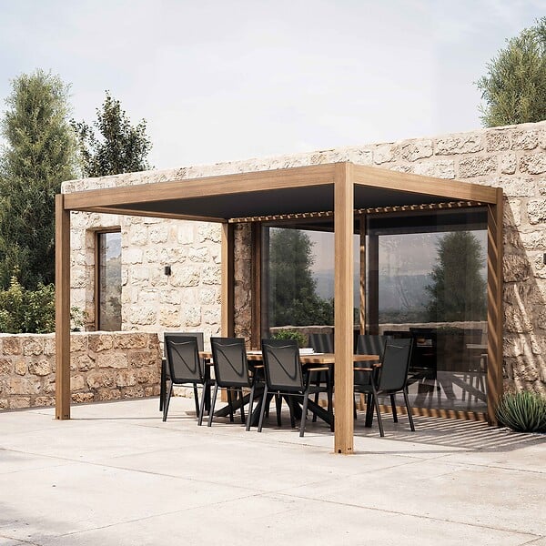 OVIALA - Pergola bioclimatique autoportée et motorisée éclairée 3x4m et 1 store - Kavala - large