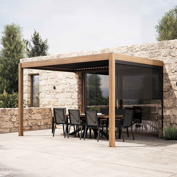 OVIALA - Pergola bioclimatique adossée 3x4m et 1 store en bois gris - Oia - large