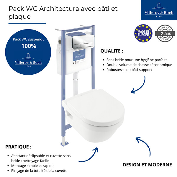 VILLEROY ET BOCH - Pack WC sans bride  Architectura abattant + bâti-support sol et mur + plaque chromée brillant  + Tabouret bois - large