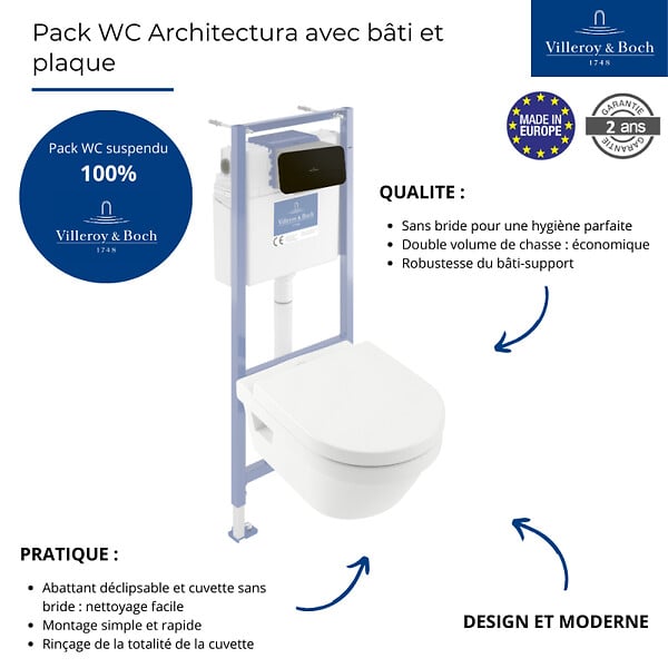 VILLEROY ET BOCH - Pack WC sans bride  Architectura abattant + bâti-support sol et mur + plaque noir mat  + Tabouret bois - large