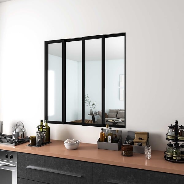 AICA SANITAIRE - Verière d'intérieur coulissante - L.1230xH.1080cm - verre trempé et transparant en 4mm - cadre et profilé noir mat - large