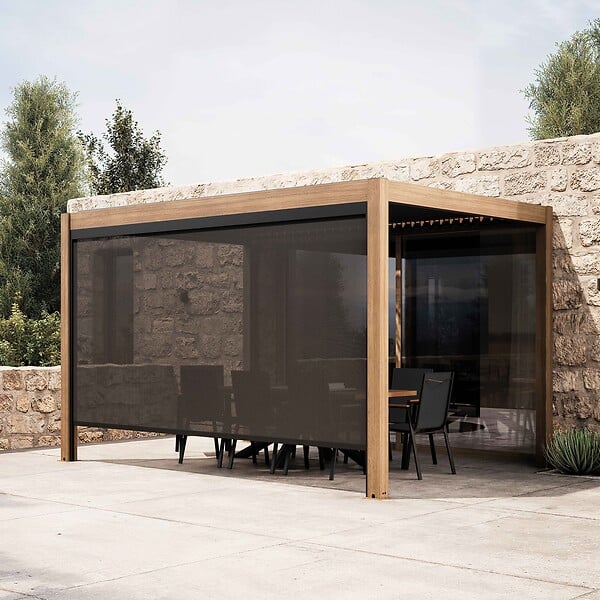 OVIALA - Pergola bioclimatique autoportée 3x4 m et 1 store bois gris - Athenes - large