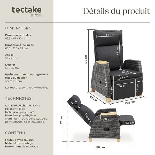 TECTAKE - Fauteuil en rotin design aluminium dossier réglable gris avec coussin dossier et repose-pieds réglables - large