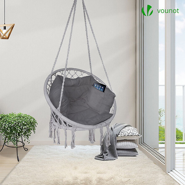 VOUNOT - Fauteuil suspendu avec coussin gris - large