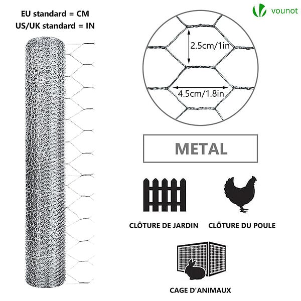 VOUNOT - Grillage a poule avec fils 25mm en acier galvanise 1x50M - large