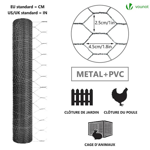 VOUNOT - Grillage a poule avec fils 25mm en PVC gaine gris 1x50M - large