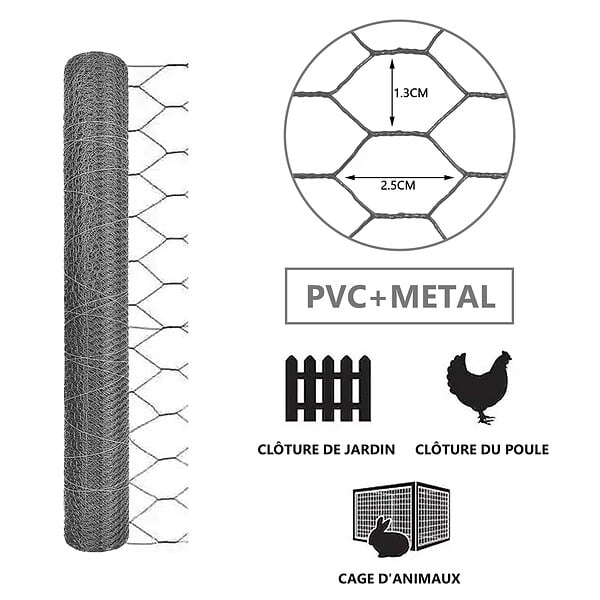 VOUNOT - Grillage a poule avec fils 13mm en PVC gaine gris 1x25M - large