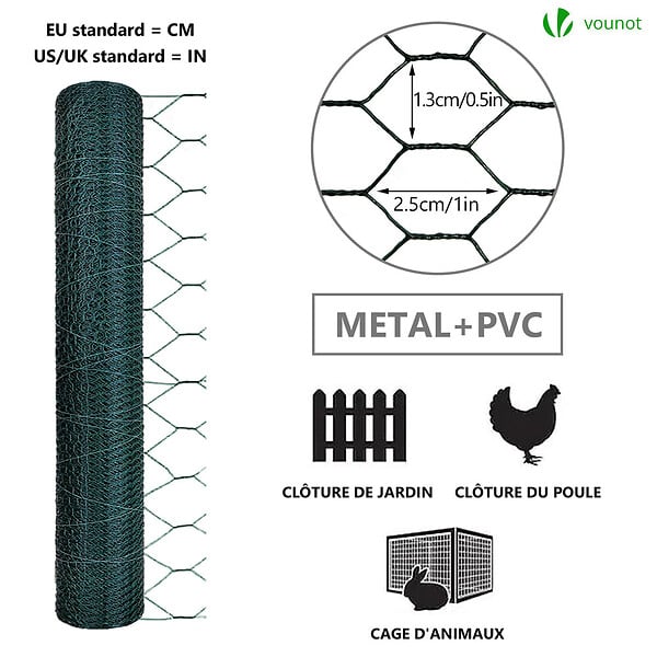 VOUNOT - Grillage a poule avec fils 13mm en PVC gaine vert 1x25M - large