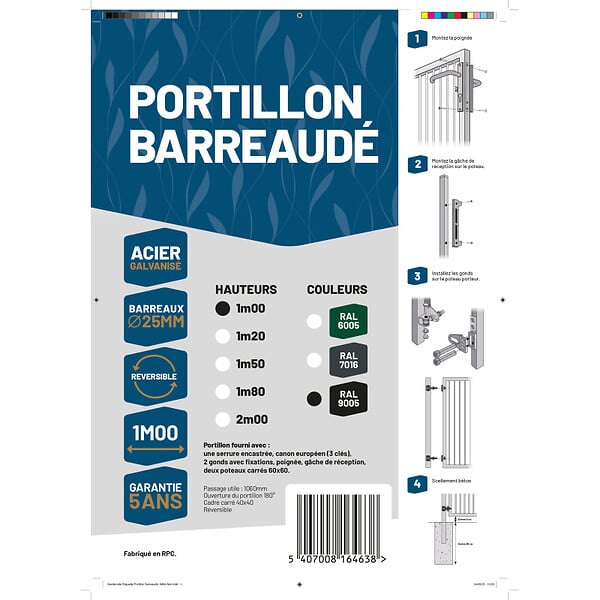 EASY CLOTURE - Portillon barreaudé acier galvanisé passage 1m H 1m00 Noir - large