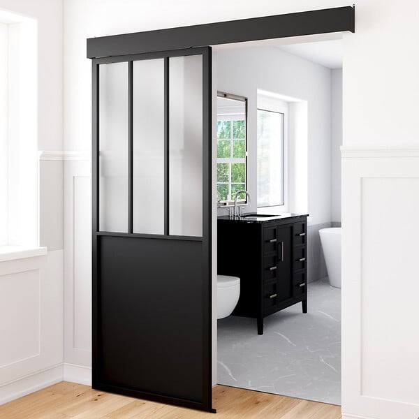 ID MARKET - Kit porte coulissante verrière 83 cm en métal + MDF avec rail et fixations - large