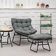 OUTSUNNY - Fauteuil de jardin avec repose-pieds - 2 coussins polyester inclus - métal époxy résine tressée aspect rotin gris - vignette