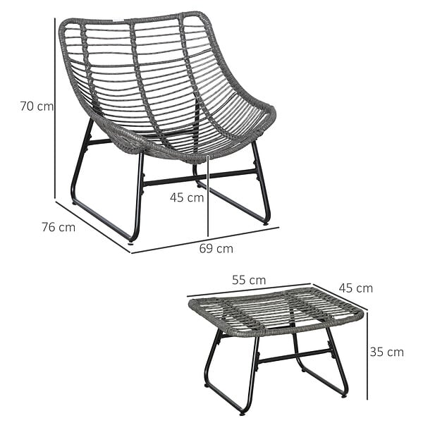 OUTSUNNY - Fauteuil de jardin avec repose-pieds - 2 coussins polyester inclus - métal époxy résine tressée aspect rotin gris - large