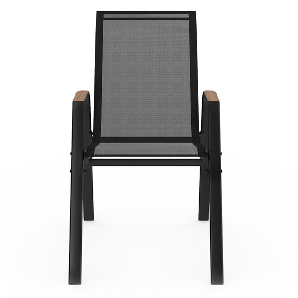 ID MARKET - Lot de 6 chaises de jardin NOUMEA métal et textilène empilables noir et bois - large