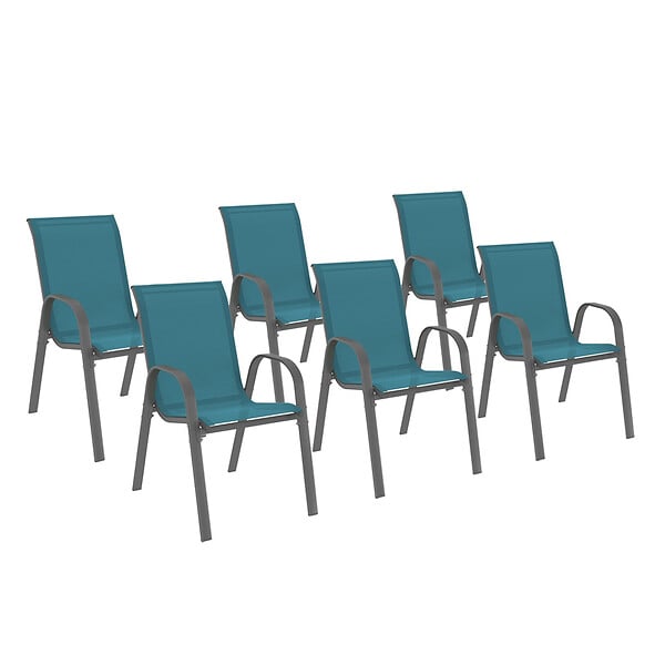 ID MARKET - Lot de 6 chaises de jardin LYMA métal et textilène empilables bleu canard - large