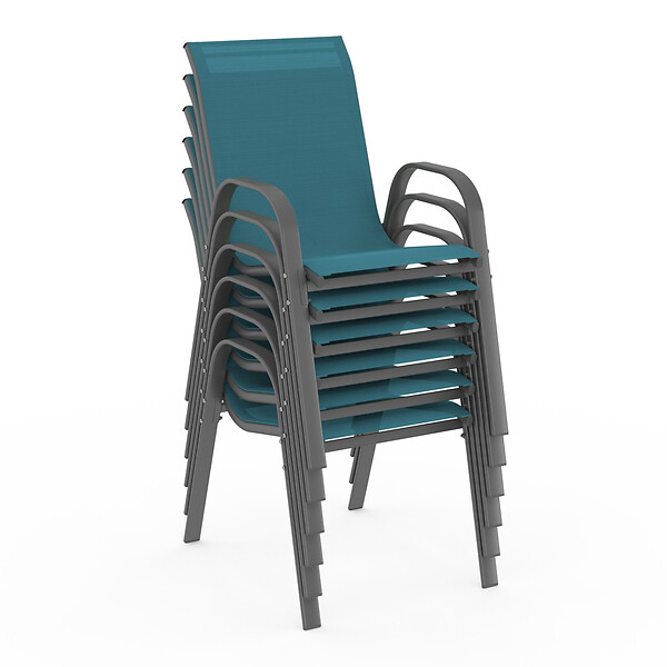 ID MARKET - Lot de 6 chaises de jardin LYMA métal et textilène empilables bleu canard - large