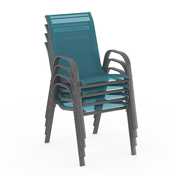 ID MARKET - Lot de 4 chaises de jardin LYMA métal et textilène empilables bleu canard - large