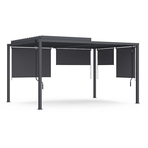 ID MARKET - Pergola bioclimatique lames orientables acier 3x4 M et 4 stores gris anthracite - large