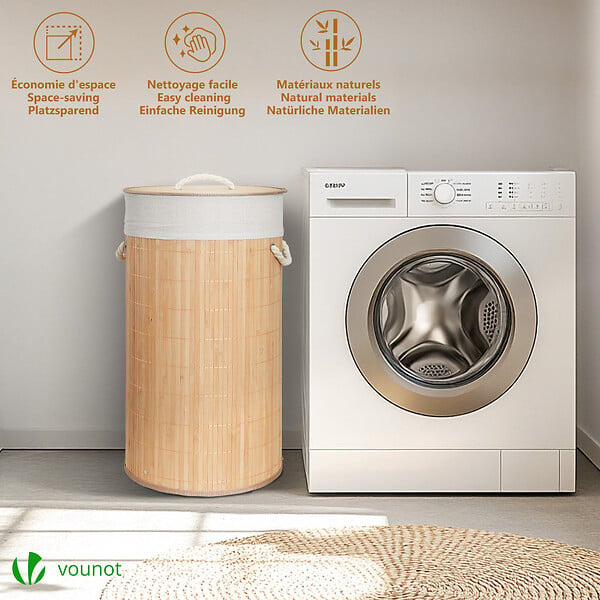 VOUNOT - Panier a linge en bambou rond avec couvercle 58L - large
