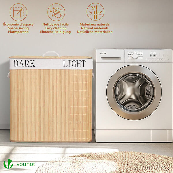 VOUNOT - Panier a linge en bambou rectangulaire triple compartiments avec couvercle 150L - large