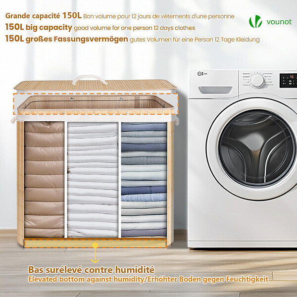 VOUNOT - Panier a linge en bambou rectangulaire triple compartiments avec couvercle 150L - large