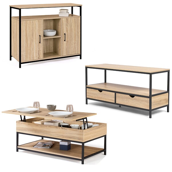 ID MARKET - Ensemble meubles de salon buffet, table basse relevable et meuble TV DETROIT design industriel - large