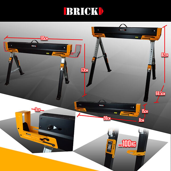 BRICK - Lot de 2 tréteaux d atelier métalliques pliables et téléscopiques - Charge max 1180kg - large