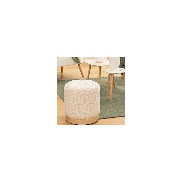 ATMOSPHERA - Pouf en tissu Blanc tufté et pied en Bois - large
