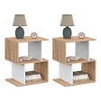 ID MARKET - Lot de 2 tables de chevet SOFIA forme S avec rangements ouverts effet hêtre et blanc - vignette