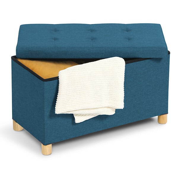 ID MARKET - Banc coffre rangement sur pieds 76 cm tissu bleu canard - large