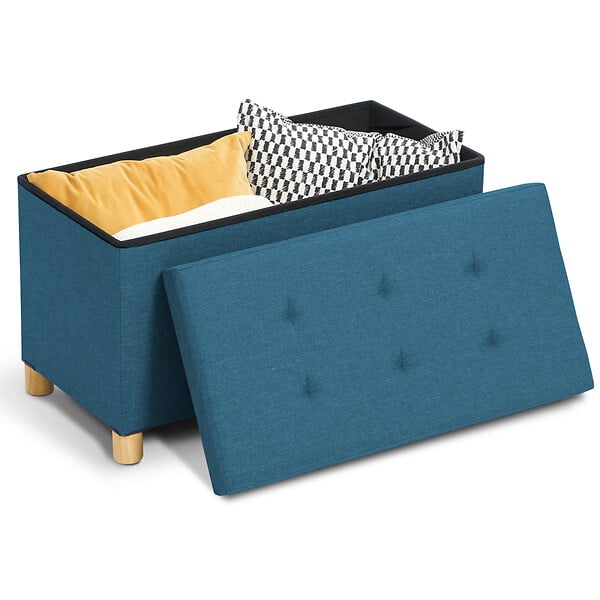 ID MARKET - Banc coffre rangement sur pieds 76 cm tissu bleu canard - large