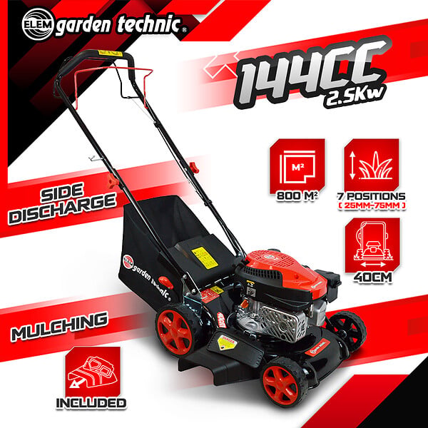 ELEM GARDEN TECHNIC - Tondeuse thermique tractée 144 CC - 40cm - mulching et éjection latérale - large